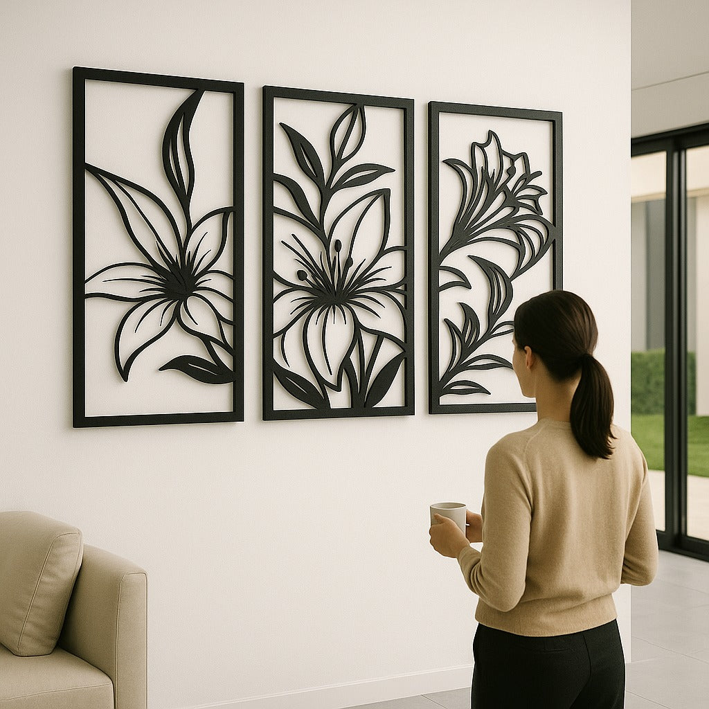 Tríptico de flor minimalista en MDF para decoración