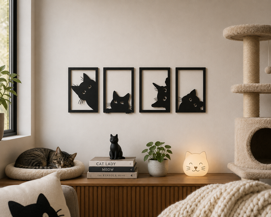 Set decorativo de gatos minimalistas en MDF