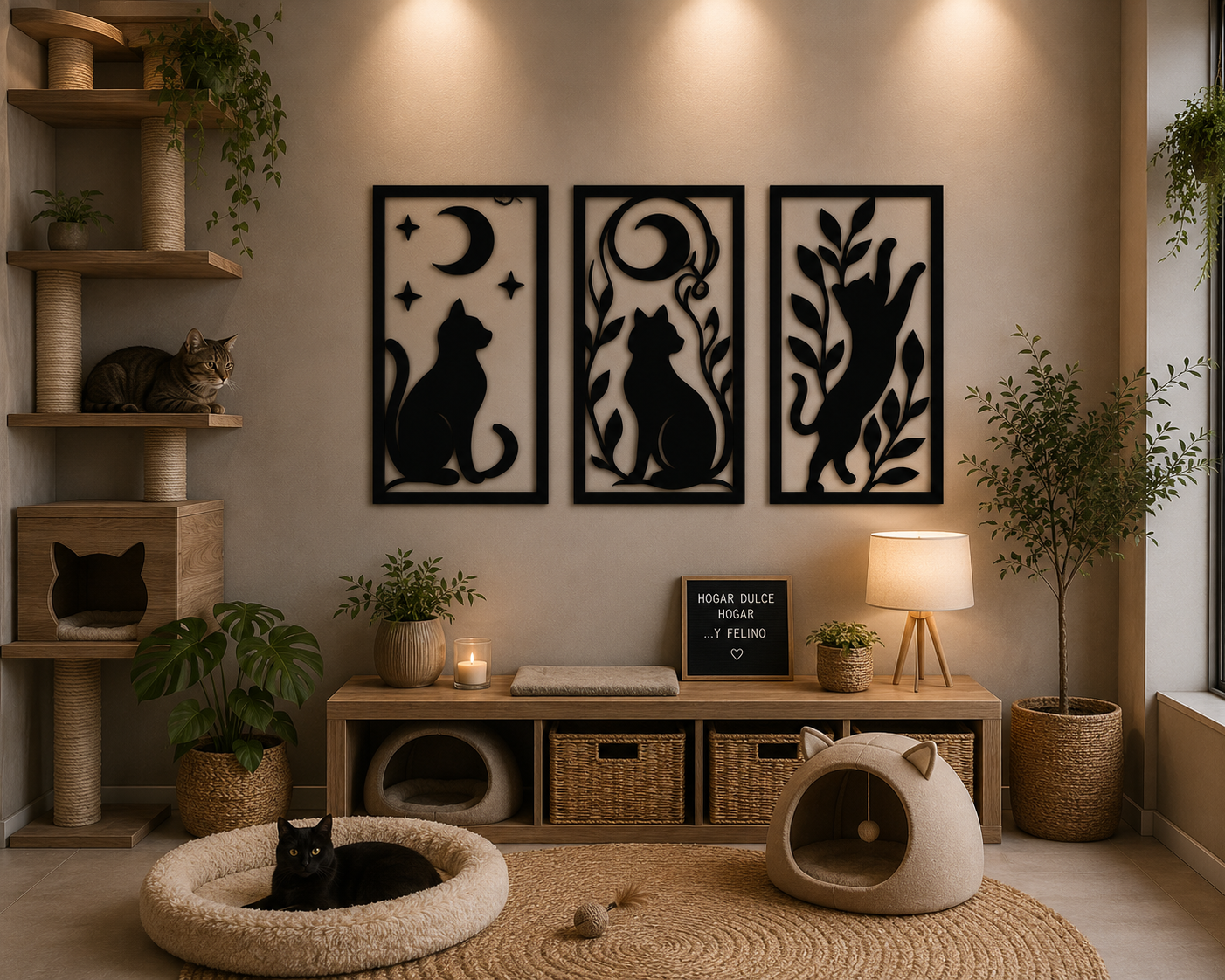 Tríptico de gatos y luna en MDF estilo minimalista