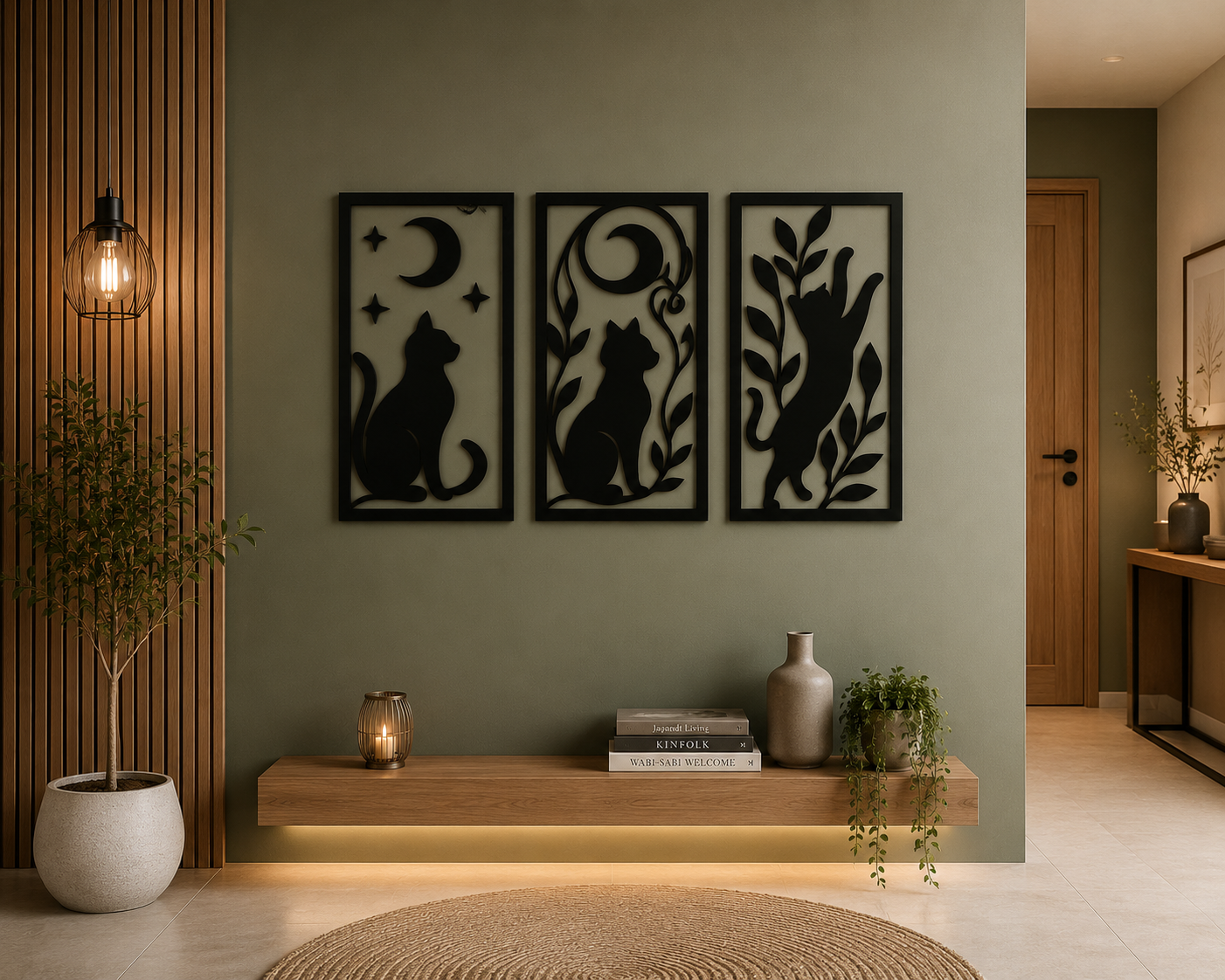 Tríptico de gatos y luna en MDF estilo minimalista