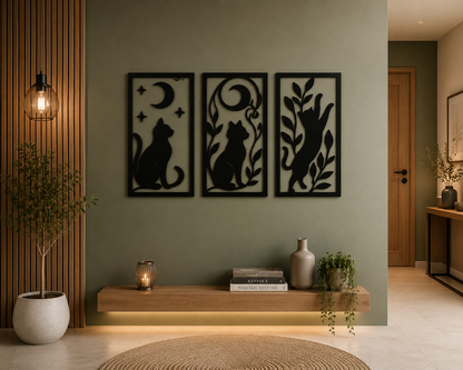 Tríptico de gatos y luna en MDF estilo minimalista