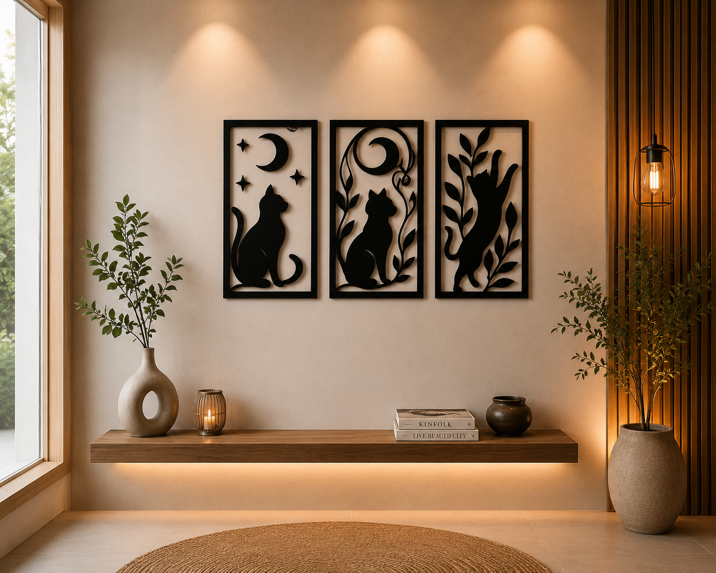 Tríptico de gatos y luna en MDF estilo minimalista