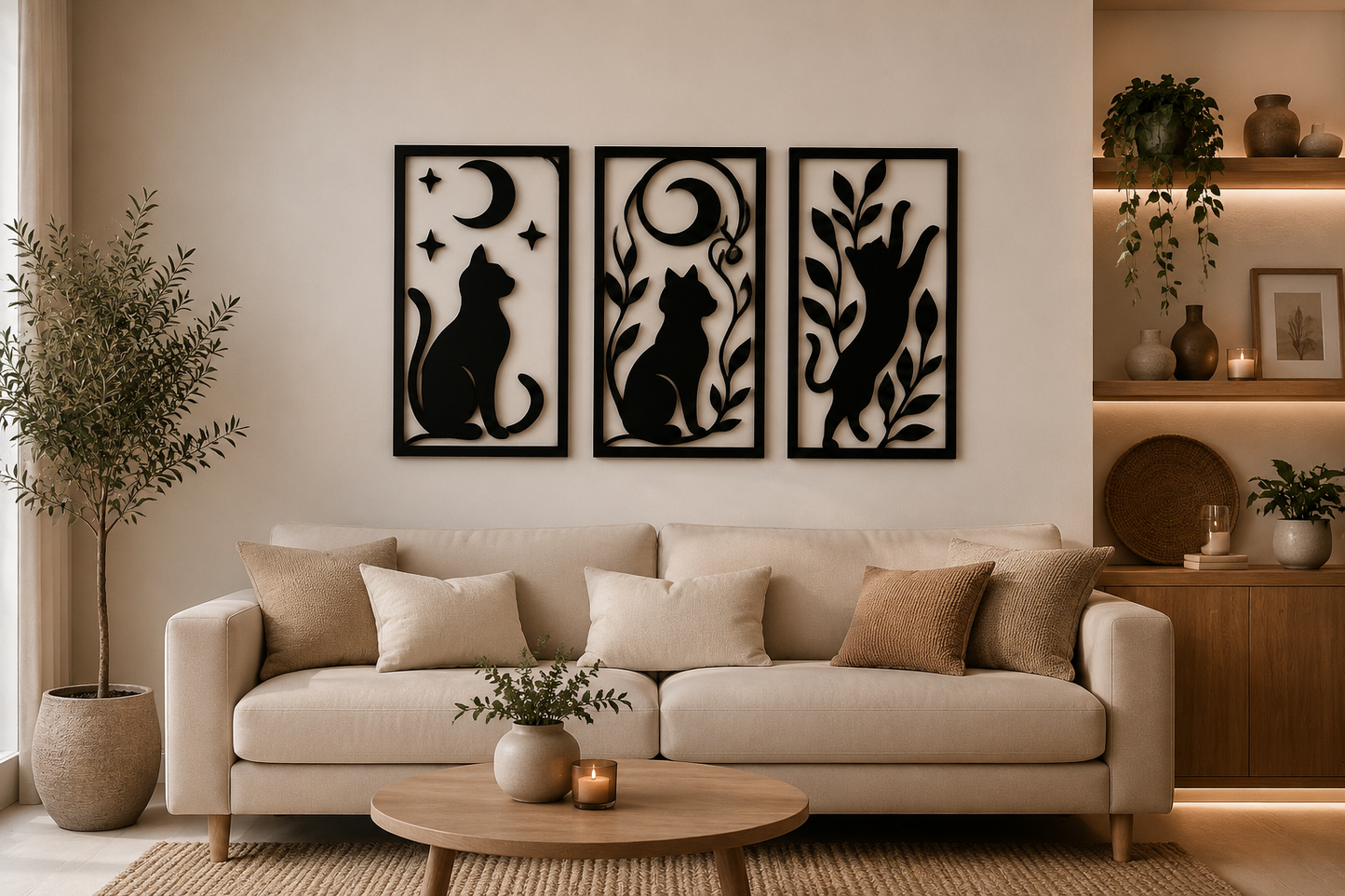 Tríptico de gatos y luna en MDF estilo minimalista