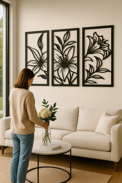 Tríptico de flor minimalista en MDF para decoración