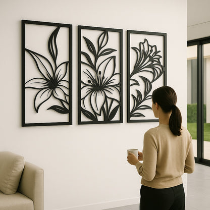 Tríptico de flor minimalista en MDF para decoración