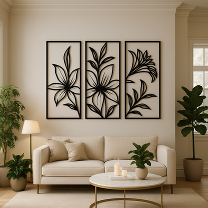 Tríptico de flor minimalista en MDF para decoración