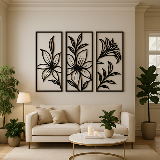Tríptico de flor minimalista en MDF para decoración